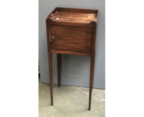 A very small George III mahogany tray top bedside commode, with single pot cupboard on square tapered legs, 35x29x81cmH 