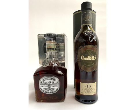 Glenfiddich 18 year old Scotch whiskey, 75cl; and Jack Daniels Silver Select whiskey, 75cl 