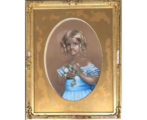 20th century pastel on paper, portrait of a girl, 63x44cm, in a gilt gesso frame 