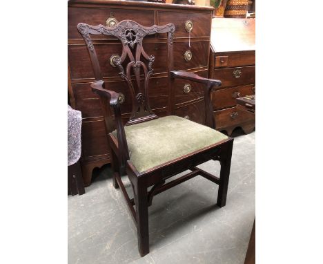 A 19th century Chippendale style splatback armchair, on carved square section legs and H stretcher,63cmW 
