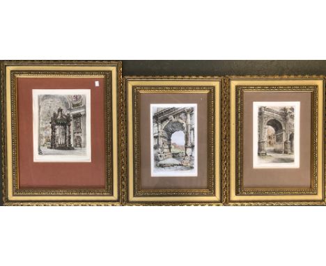 After Paul Geissler, interior of a church in Rome, 13x23cm; together with two other architectural prints, all in ornate gilt 