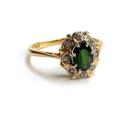 An 18ct gold green tourmaline and diamond cluster ring, size O 1/2, 3.2g 