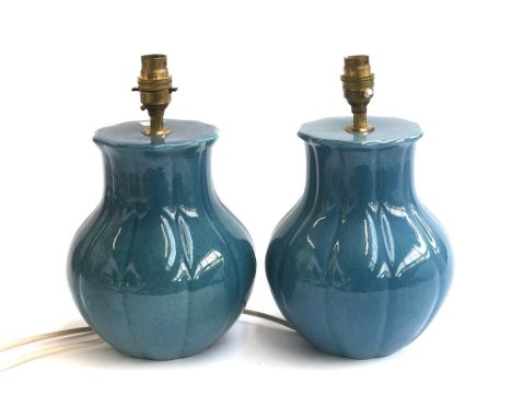 A pair of blue glazed ceramic table lamps, 22cmH to top of base