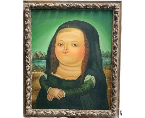 After Fernando Botero, a large oil on canvas portrait of the Mona Lisa, 93x78cm 