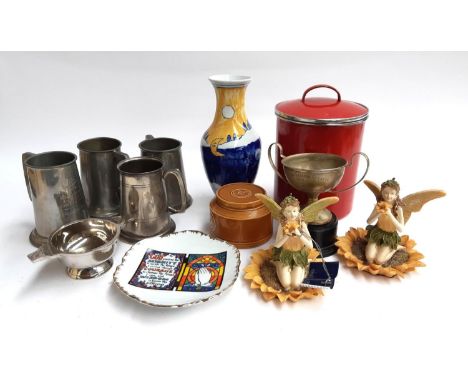 A mixed lot to include pewter tankards, enamel biscuit barrel, Jon Anton ironstone trinket pot (lid AF), two flower fairy fig