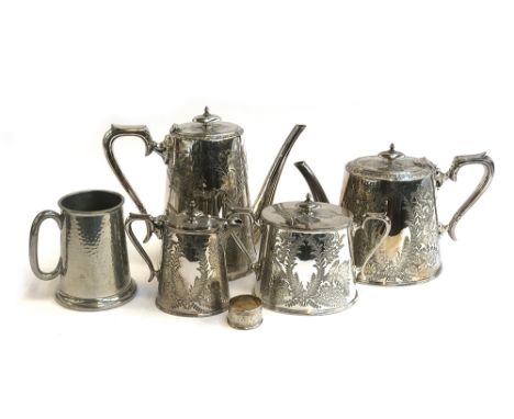 A Walker and Hall Sheffield plate four piece tea set; together with a pewter tankard and a silver napkin ring 