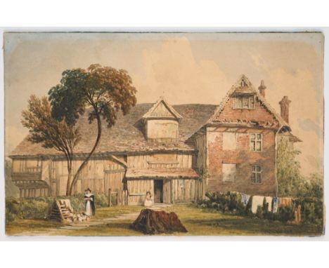 JOHN PRESTON NEALE (BRITISH 1771/80-1847) A FARMHOUSE WITH A WOMAN FEEDING CHICKENS, A CHILD SEATED ON A STEP AND LAUNDRY HAN