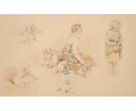 JOHN FREDERICK TAYLOR, P.R.W.S. (BRITISH 1802-1889) STUDIES OF A SEATED GIRL, A CHILD, A DOG AND HER PUPPIESindistinctly insc