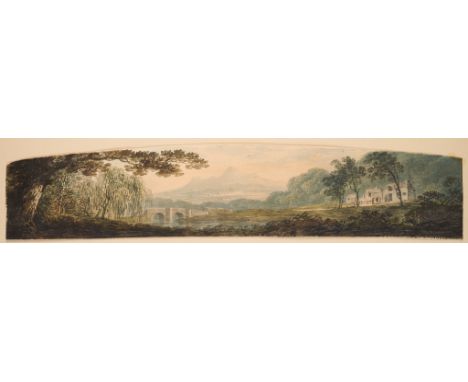 WILLIAM PAYNE (BRITISH 1755-1830) A RIVER LANDSCAPE WITH MOUNTAINS IN THE DISTANCEwatercolour over pencil9 x 43.5cm; 3 1/2 x 