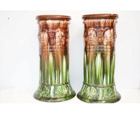 Pair of large Victorian majolica style jardiniere stands, possibly burmantofts - 1 with chips Height 50 cm 
