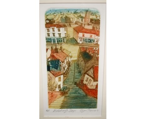 Glyn Thomas - Aldeburgh Steps, artists proof, 18.5x10cm; together with a print, Sandy Spirling, gouache; and a pine framed wa