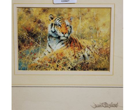 David Shepherd - print of a tiger, signed in pencil to the mount, 9x13cm; and Alan Stong - untitled watercolour (2)
