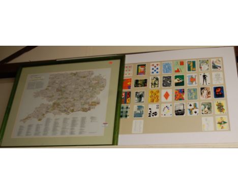 A pictorial printed map depicting the vineyards of England and Wales; and a mounted display of playing cards each depicting a