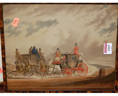 After James Pollard - Highgate Tunnel, and a view on the Highgate Road, pair colour engravings, one other stagecoach print, t
