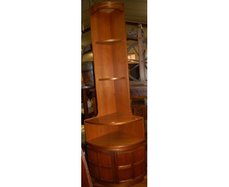 A G-Plan teak corner wall shelf, with twin lower cupboard doors; together with a 1970s teak low occasional table (2) 