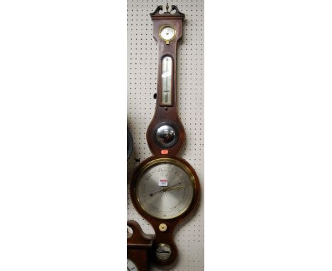 A 19th  century mahogany, ebony and box wood strung five dial wheel barometer, signed to the silvered balance scale M Ward, S