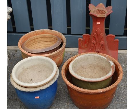 A Victorian terracotta hopper (a/f), together with various stoneware and terracotta planters