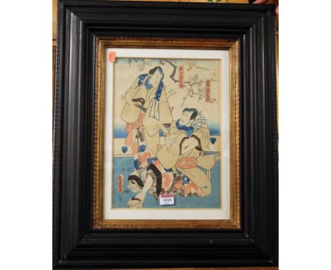 Japanese school, woodblock - print of warriors, signed and with studio stamps, 34x23cm