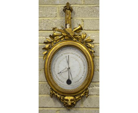 An 18th century French carved giltwood and gesso barometer, the painted register with sweep hand, signed 'Par Sarmany et Vind
