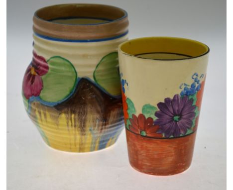 A Clarice Cliff Bizarre ribbed vase,shape 565 M/S, painted with 'Pansies Delicia', 13 cm high, to/w a tapering beaker painted