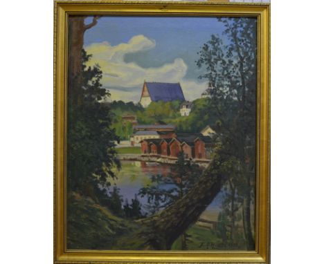 E A R-in - Finnish lake view with wooden chalets beside, oil on canvas, signed with initials and dated 1932 lower right, 61 x