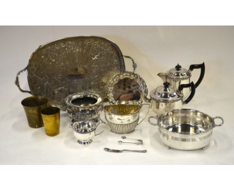 An epbm cache-pot, a half-reeded sugar basin, oval tray, teapot with matching hot water jug and milk jug, tureen, etc., to/w 