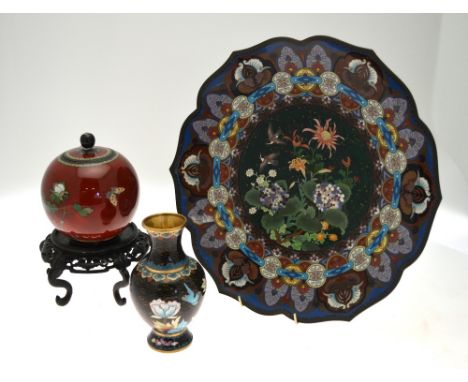 A Chinese cloisonne lotus-form charger, finely decorated with birds and flowers within a stylised foliate border, 3.65 cm dia