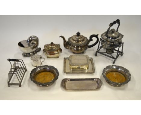 A quantity of 19th century plated wares, including Regency sugar basin and cover, Old Sheffield plate snuffers tray, sardine 