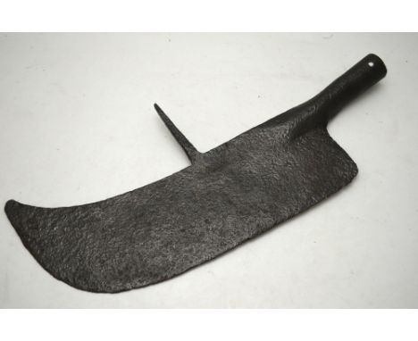 An antique wrought iron broad-bladed axe-head with rear spike, 51 x 23 cm