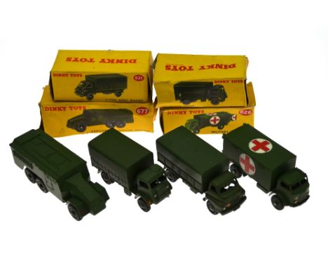 Dinky models - Four boxes Army vehicles - Armoured Command Vehicle 677, 3-Ton Wagon 621, Covered Wagon 623 and Military Ambul
