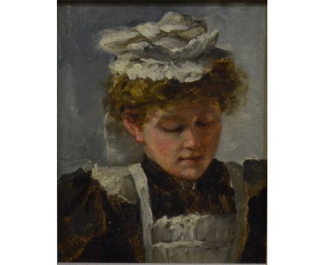 Petronella Trump - A Devonshire village, oil on board, 11 x 24 cm; Portrait of a young maid, oil on board, 14 x 11 cm (2)