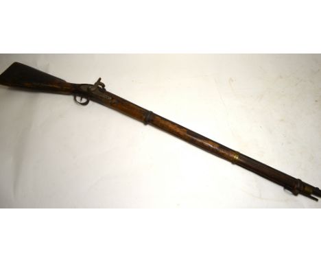 A 19th century percussion-lock rifle with 82 cm barrel, brass and iron-bound stained wood long-stock, numbered 454 (probably 