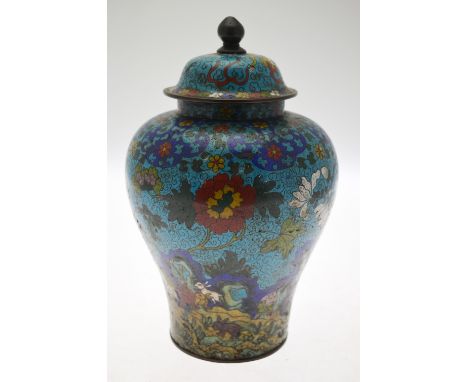 A Chinese 19th century champleve baluster vase and cover decorated with rabbits, bird, flowers and rockwork, six character zh