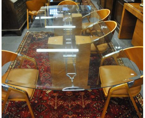 Jaime Tesserra Clapés (b Barcelona 1943) a Tenor Mesa model dining table, the bevel end plate glass top raised on twin light 