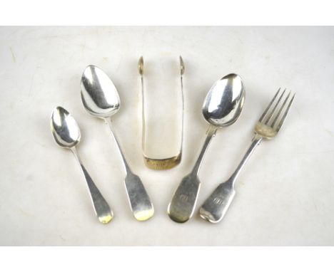 A pair of 19th century fiddle pattern sugar tongs and a teaspoon - both Newcastle assay - to/w two fiddle pattern dessert spo