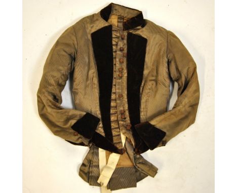 An Edwardian brown/beige striped silk and velvet lady's jacket, a cream silk cotton-backed blouse, to/w a collection of 1900s