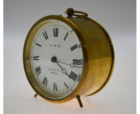 A GWR brass drum clock, the enamel face signed Kay & Co, Paris, the case and movement numbered 5205, the associated back 4577