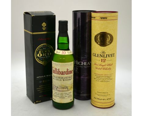 Four bottles of Scottish Single Malt Whisky, Tullibardine Highland aged 10 years, 70 cl, Glen Ord Single Malt aged 12 years 7