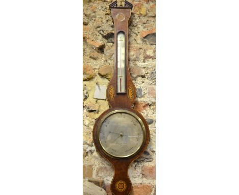 Jon Fiora, Nottingham, a 19th century inlaid mahogany balloon barometer with silvered dial and thermometer scale, 96 cm h. x 