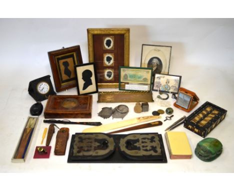 Various collectables, including an ebonised book-slide with nickel mounts, inlaid amboyna slide-viewer, portrait silhouettes,