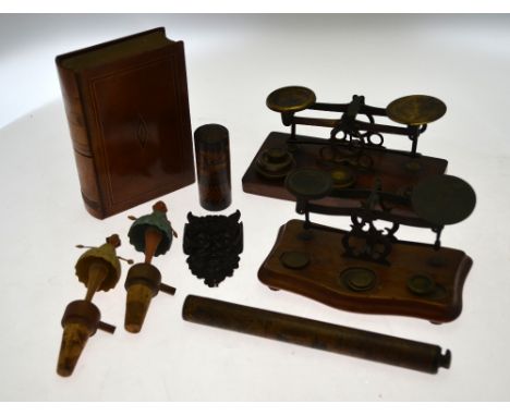 A quantity of treen collectables including two pairs of postage scales with weights, a 'Postal Ruler' with perpetual calender