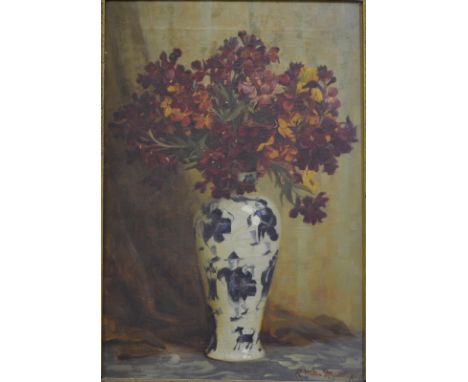 R Willis Maddox (1813-53) - Flowers in a Chinese blue and white vase, oil on canvas, signed lower right, 57 x 38 cm