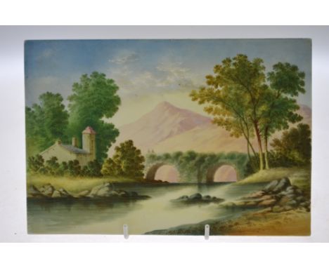 A 19th century painting on ceramic plaque, Continental river landscape with bridge and buildings, 17.5 x 25.5 cm 
