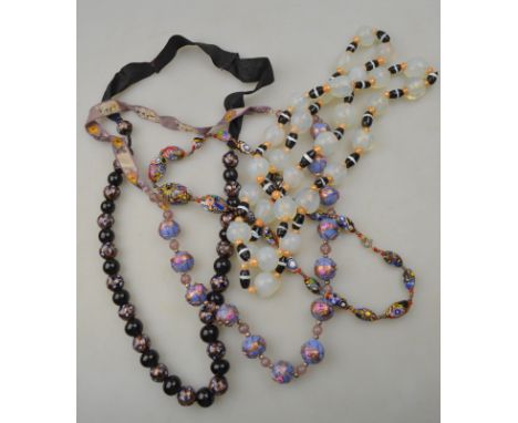 Three rows of vintage Venetian beads to/w Art Deco style opaline and black and white bead necklace (4)