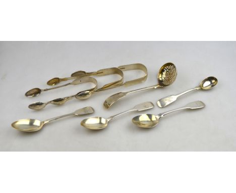 Exeter Assay:- Three pairs of silver fiddle pattern sugar tongs, Rober Williams, 1832, Josiah Williams & Co., 1855, and Thoma