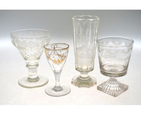 A Regency wine glass, the bucket bowl finely cut and etched with drapes, barley and monogram WMC, on stemmed 'lemon-squeezer'