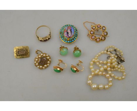 A collection of various items including Georgian half pearl and hair work brooch, pendant with hair work centre, opal circlet