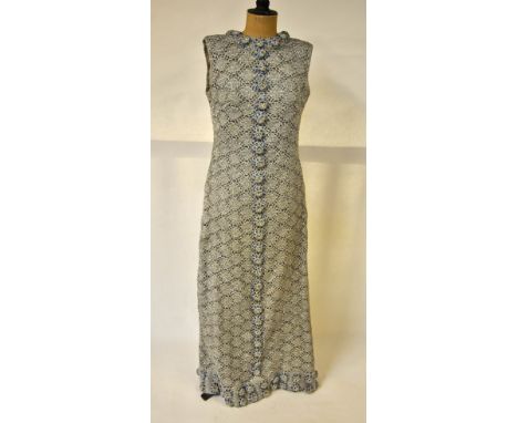 A silver crocheted evening dress embellished with blue and pearl beads, lined with grey silk, 43 cm across chest, a 'Shampers