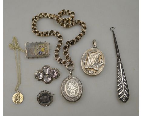 A Victorian silver locket and chain to/w a large oval silver locket, Queen Victoria Jubilee silver brooch, St Christopher, Wi