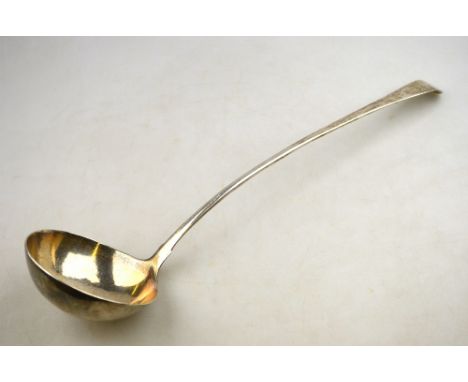 An 18th century OEP silver soup ladle with slender stem, maker's mark rubbed, London 1769 (probably), 4.4 oz